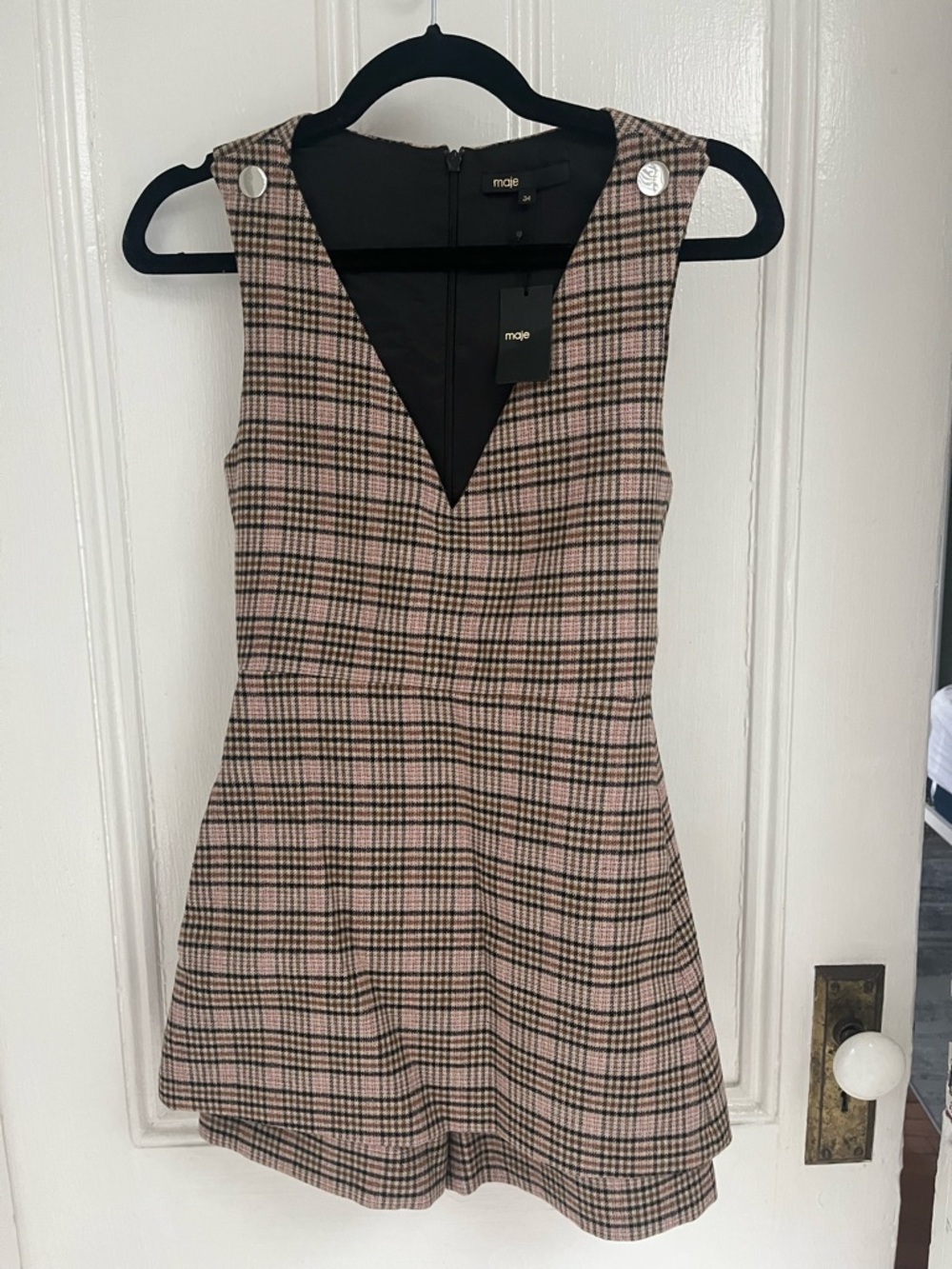NWT Maje Irilo V-neck Checked Wool-blend Playsuit Romper In Beige